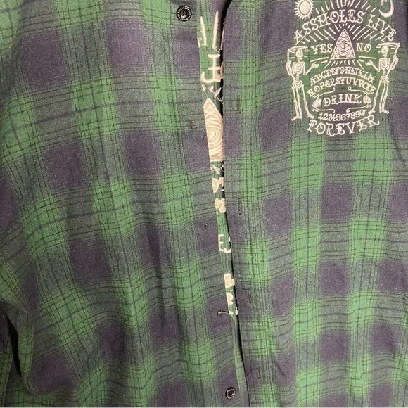 A**Holes Live Forever Green Blue Plaid Long Sleeve Mens Embroidered Shirt XXXL - Picture 5 of 10